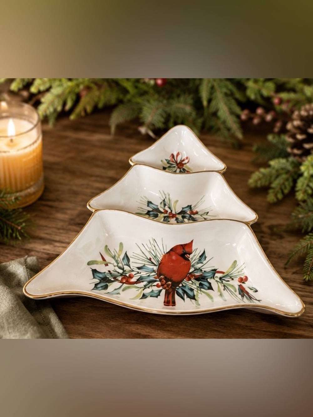Lenox Winter Greetings Cardinal 3-Tier Christmas Tree Candy Dish Gold Trim Bowl